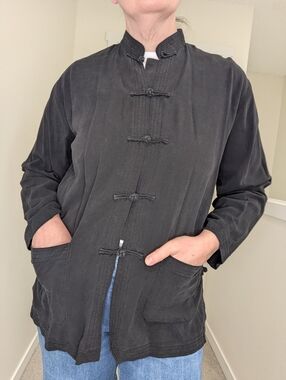 Vintage Cotton Black Mandarin Collar Button-Front Jacket With Frogs Size Large